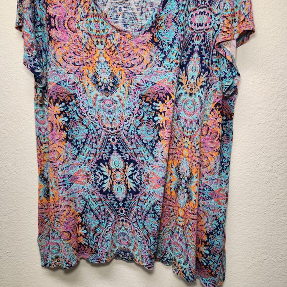 Rachel Zoe 2XL short sleeve Colorful stretch flowy Slouchy top shirt blue orange - Picture 4 of 4